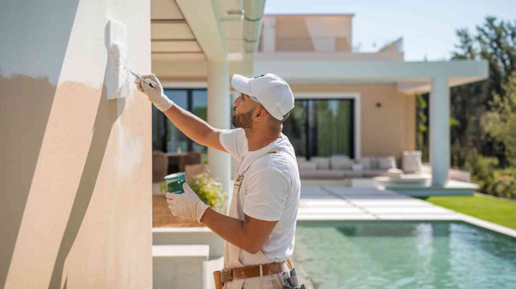 Modern villa with eco-friendly, VOC-free paint in natural tones, ensuring a healthy, sustainable, and flawless finish for a stylish and eco-conscious home.