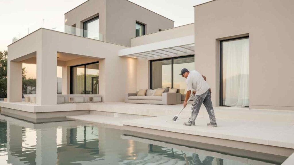 Minimalist villa with professionally painted neutral-toned walls in beige, white, and light gray. Flawless paint finish enhancing the modern and elegant aesthetic, reflecting premium villa painting services.
